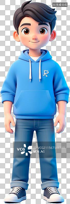 【AI数字艺术】蓝色卫衣的男孩正面站姿图片素材