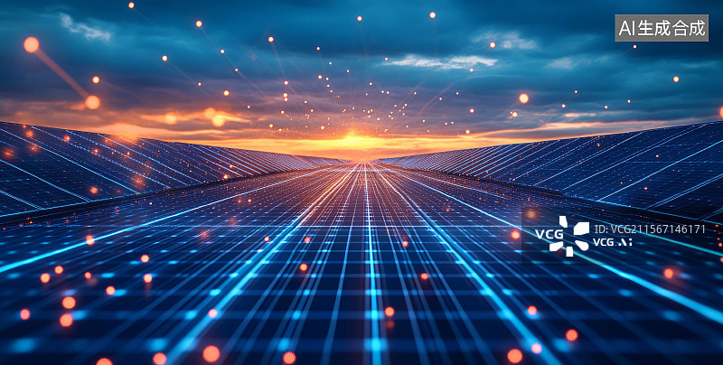 【AI数字艺术】科技感太阳能板光伏场景图片素材