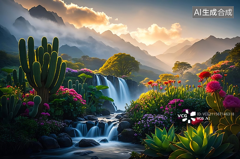 【AI数字艺术】仙境瀑布山谷花海图片素材