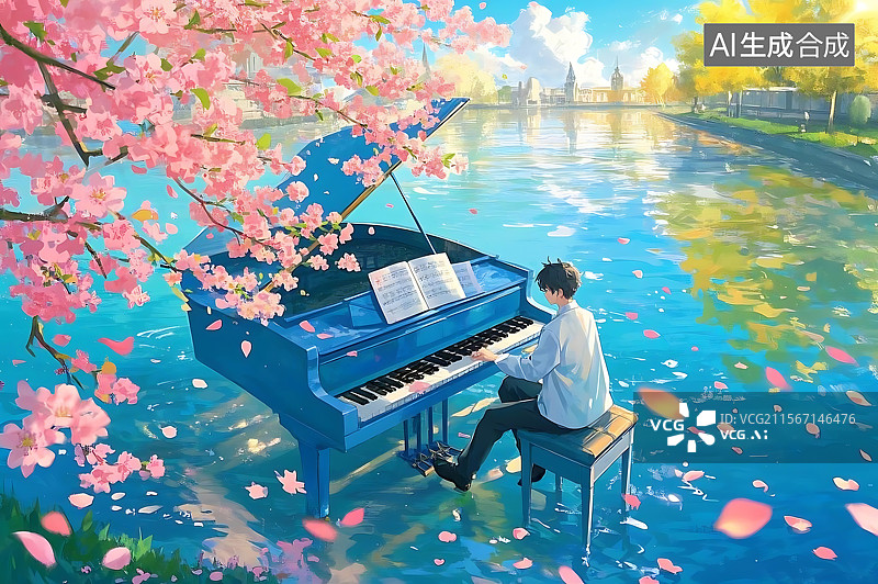 【AI数字艺术】春日湖畔钢琴演奏图片素材