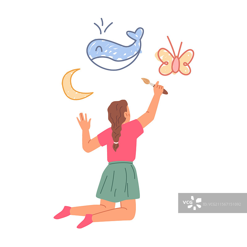 女孩用刷子在墙上绘画，富有创意的孩子图片素材