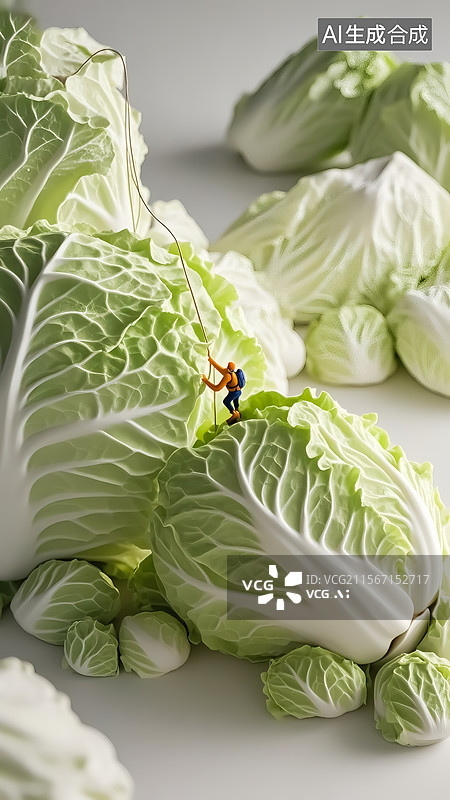 【AI数字艺术】微缩世界中人物攀爬白菜场景图片素材