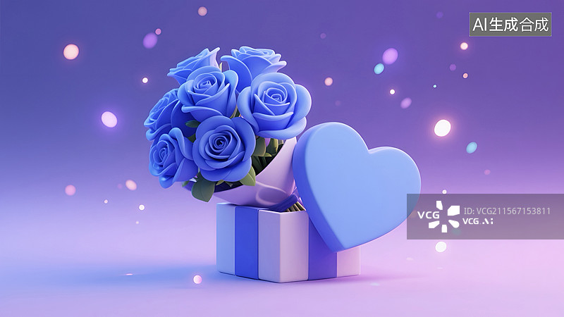 【AI数字艺术】爱心蓝玫瑰与礼物盒插画图片素材