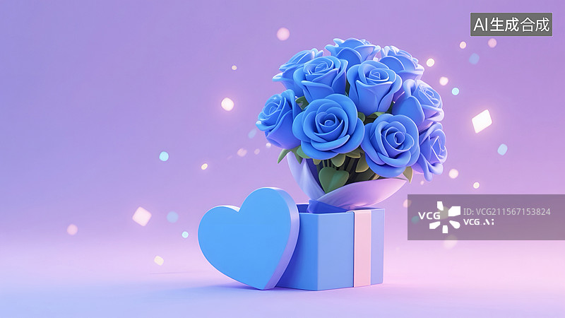 【AI数字艺术】爱心蓝玫瑰与礼物盒插画图片素材