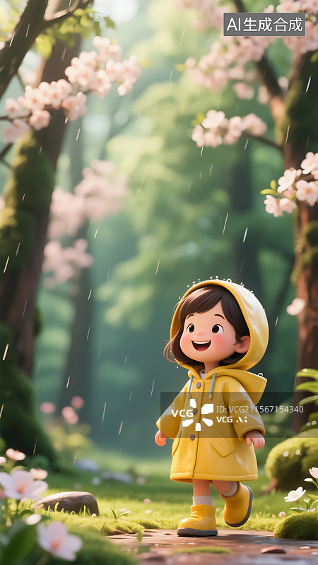 【AI数字艺术】雨中漫步的小女孩春日森林插画图片素材