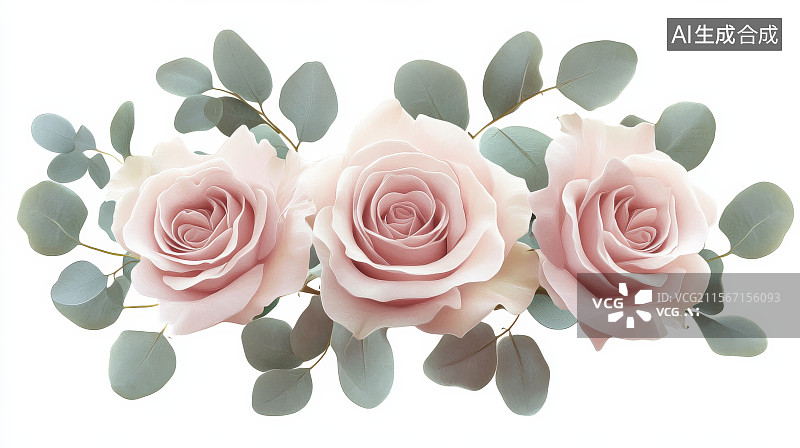 【AI数字艺术】粉红玫瑰与绿色叶子组合花卉装饰图案图片素材