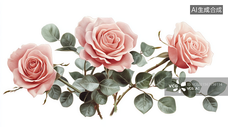 【AI数字艺术】粉红玫瑰与绿色叶子组合花卉装饰图案图片素材
