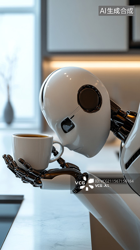 【AI数字艺术】仿生机器人在厨房端起一杯热咖啡图片素材