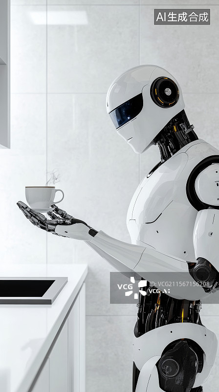 【AI数字艺术】仿生机器人在厨房端起一杯热咖啡图片素材