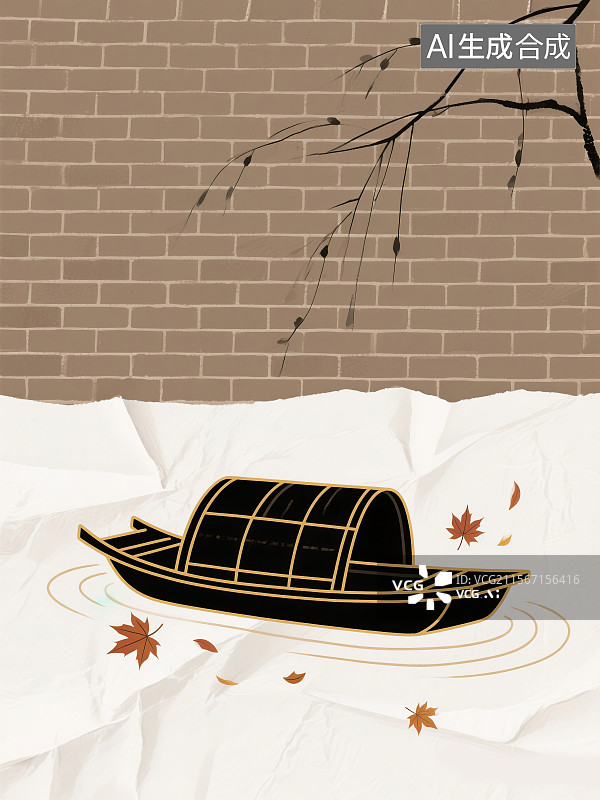 【AI数字艺术】优雅江南水墨摩卡慕斯瓦片纹理墨船涟漪和飘落枫叶极简中国风插画图片素材