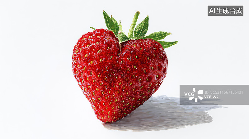【AI数字艺术】红色草莓带绿色叶子置于白色背景图片素材
