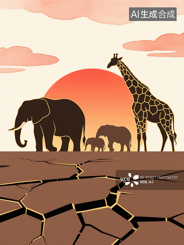 【AI数字艺术】非洲草原剪影摩卡慕斯色大地裂痕象群和长颈鹿轮廓日落橙色渐变背景极简水彩云彩世界环境白虎日图片素材
