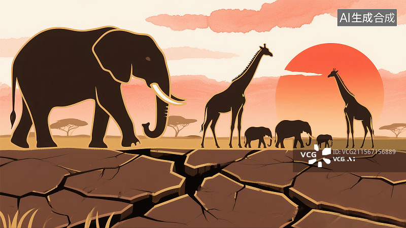 【AI数字艺术】非洲草原剪影摩卡慕斯色大地裂痕象群和长颈鹿轮廓日落橙色渐变背景极简水彩云彩世界环境白虎日图片素材