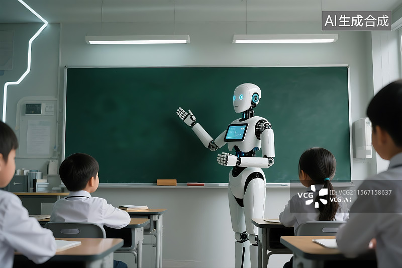 【AI数字艺术】机器人在学校给孩子上课 人形机器人老师 未来教育 科幻科技图片素材
