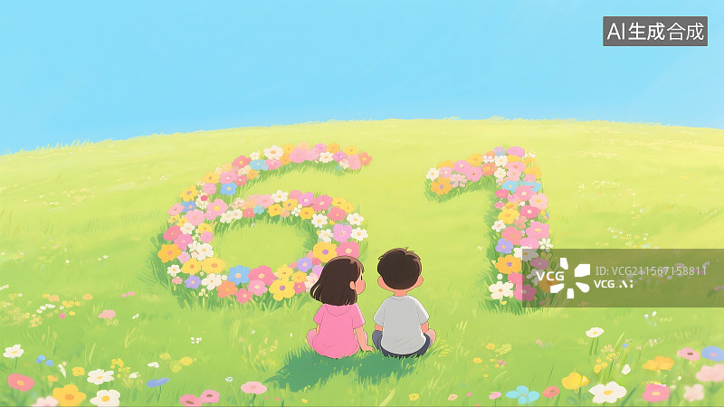 【AI数字艺术】花朵组成的六一儿童节海报 两个孩子背影 卡通动漫图片素材