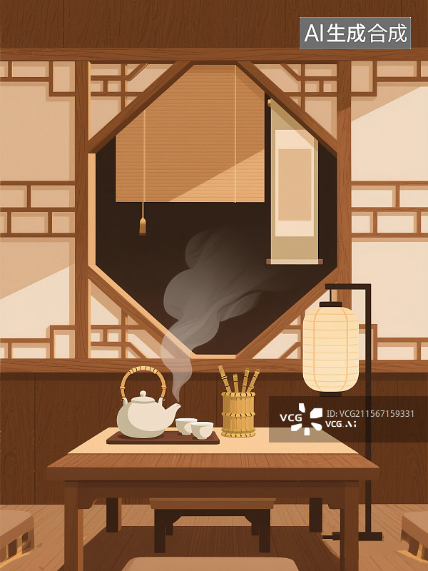 【AI数字艺术】摩卡慕斯艺术新中式极简古风扁平茶室宣纸灯笼茶具茶文化木质背景图片素材