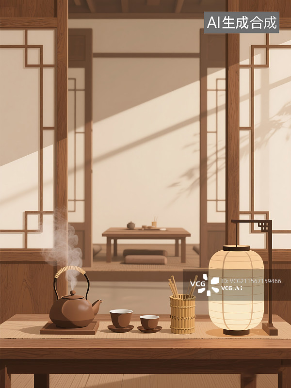 【AI数字艺术】摩卡慕斯艺术新中式极简古风扁平茶室宣纸灯笼茶具茶文化木质背景图片素材