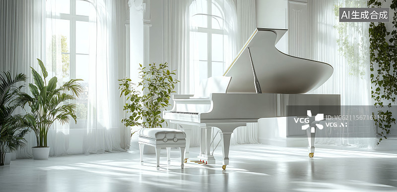 【AI数字艺术】室内白色三角钢琴与琴凳图片素材