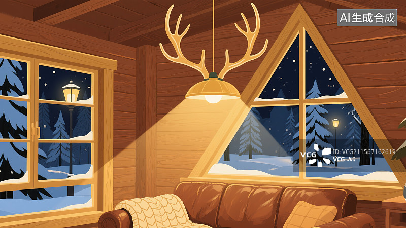 【AI数字艺术】温馨北欧森林木屋抽象商业背景儿童绘本童话故事焦糖松木外墙鹿角吊灯和雪景窗针织毯和皮质沙发温馨图片素材