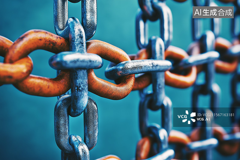 【AI数字艺术】锈蚀的金属链条连接画面特写图片素材