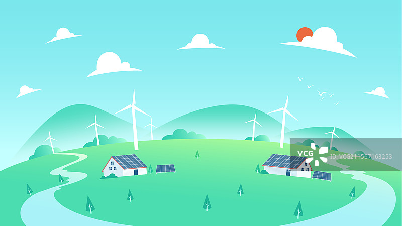 绿色环保太阳能扁平风插画图片素材