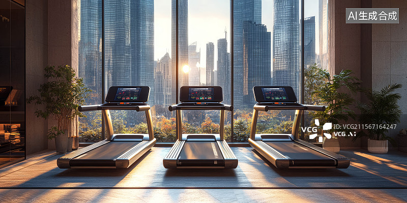 【AI数字艺术】带城市景观的健身房跑步机图片素材