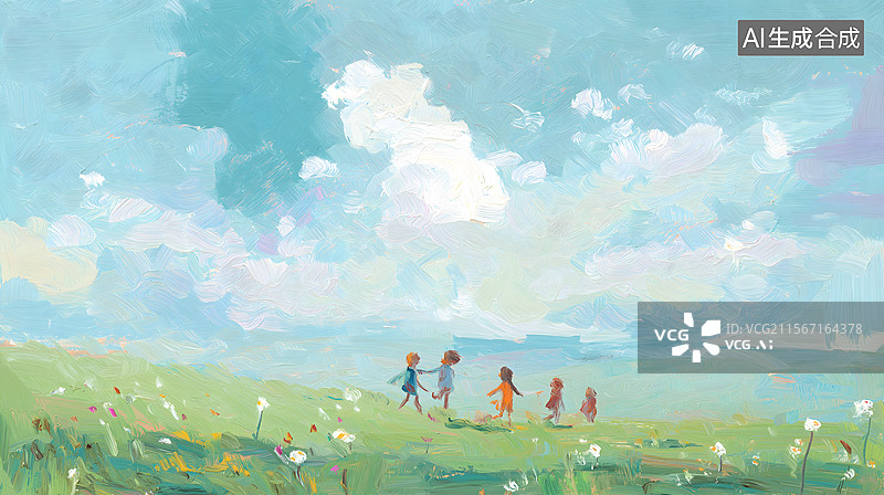 【AI数字艺术】蓝天白云草原儿童玩耍肌理油画插画图片素材