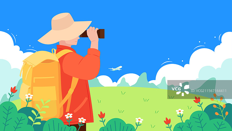 男生手拿望远镜旅游扁平风插画图片素材