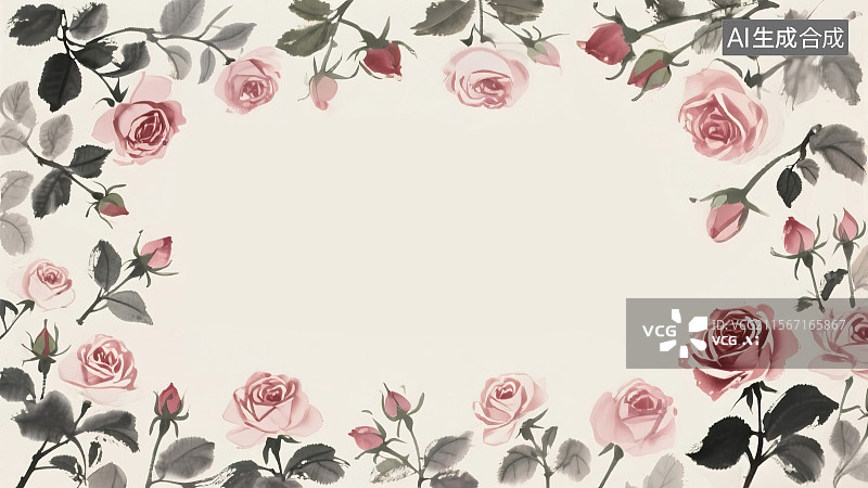 【AI数字艺术】复古中国风水墨画最大背景，玫瑰花月季装饰画印花图案花边边框 520情人节七夕节妇女节女神节浪漫素材图片素材