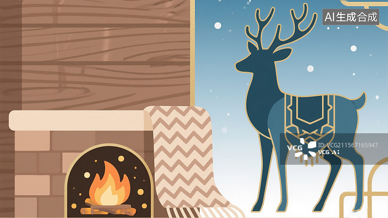【AI数字艺术】北欧极简抽象摩卡几何木纹与极光蓝渐变麋鹿剪影和羊毛毯细节暖炉火光低饱和度童话故事绘本背景图片素材