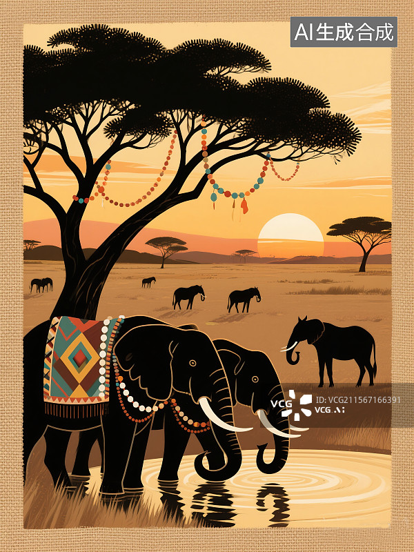 【AI数字艺术】非洲草原日落抽象商业背景合欢树剪影与象群暖色调大地色马赛珠饰和谐自然背景图片素材