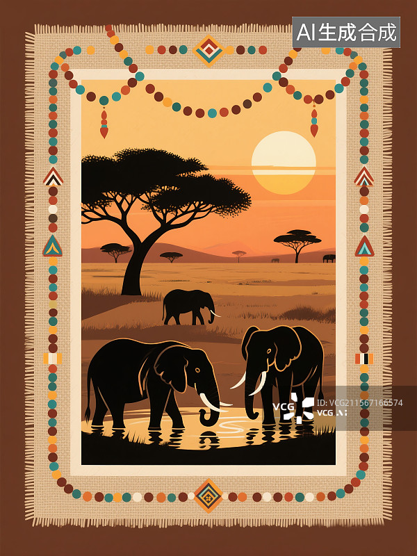 【AI数字艺术】非洲草原日落抽象商业背景合欢树剪影与象群暖色调大地色马赛珠饰和谐自然背景图片素材