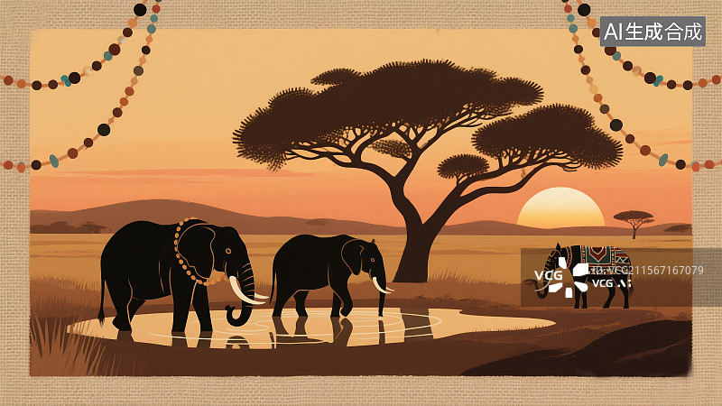 【AI数字艺术】非洲草原日落抽象商业背景合欢树剪影与象群暖色调大地色马赛珠饰和谐自然背景图片素材
