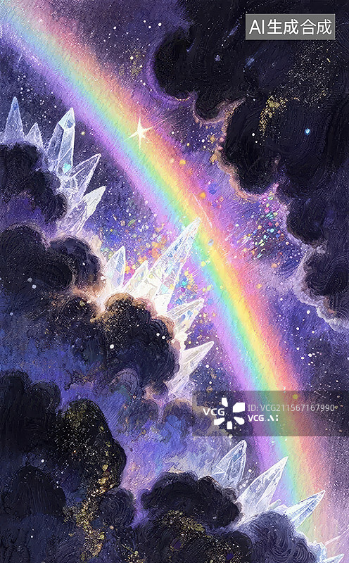 【AI数字艺术】彩虹与水晶在夜空中的奇幻景象图片素材