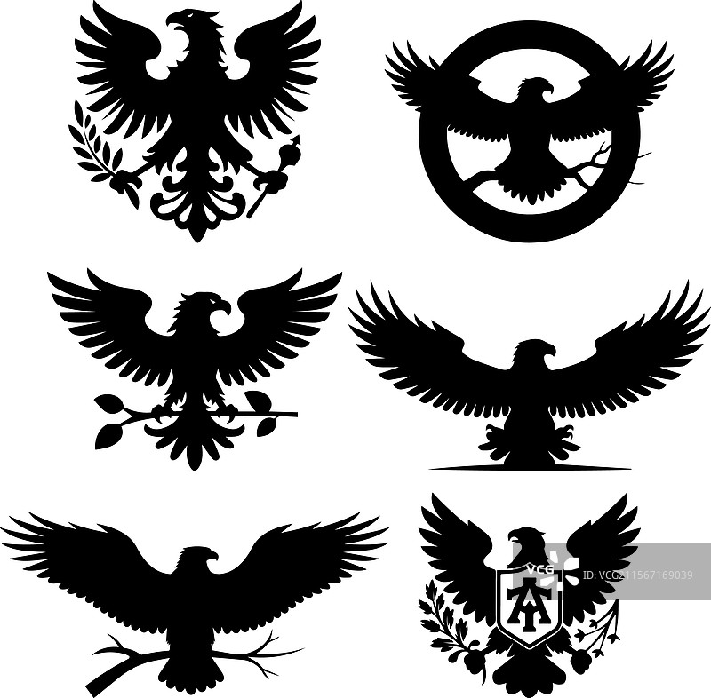 一组黑白鹰和字母E的剪影图片素材