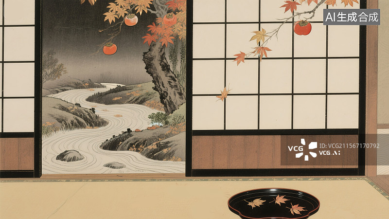 【AI数字艺术】宁静日式秋季茶园柿色障子门枯山水波纹飘落枫叶节气商业背景图片素材