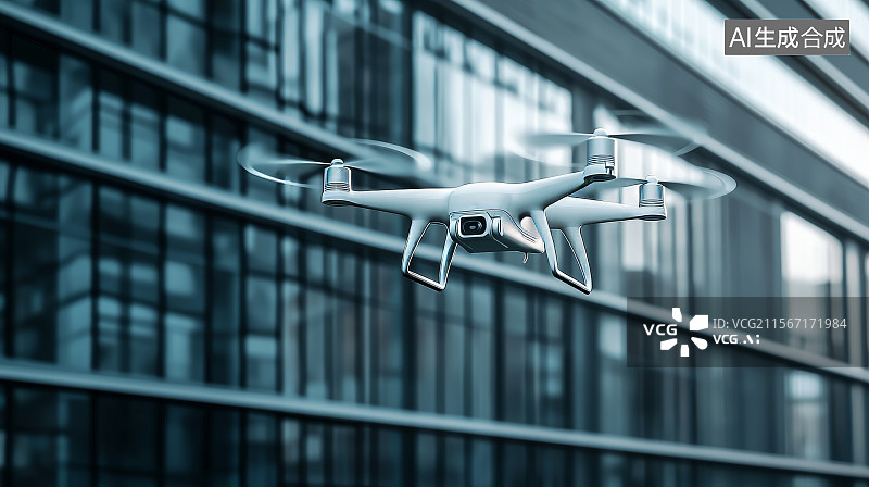 【AI数字艺术】城市高楼之间飞行中的小型无人机图片素材