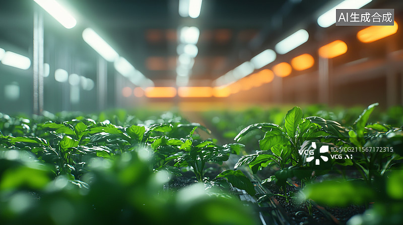 【AI数字艺术】温室内种植的绿色蔬菜与人工照明系统图片素材