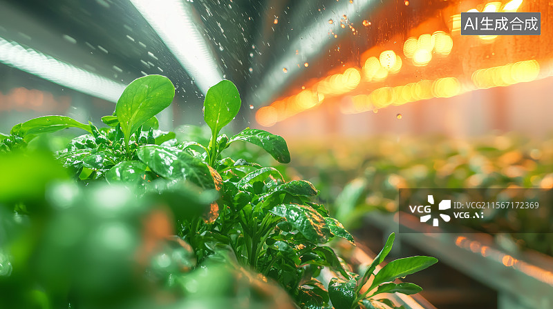 【AI数字艺术】温室内种植的绿色蔬菜与人工照明系统图片素材