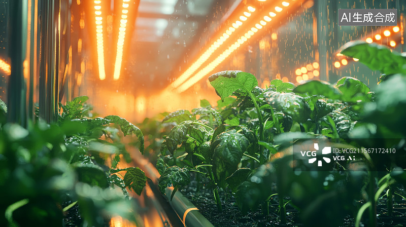 【AI数字艺术】温室内种植的绿色蔬菜与人工照明系统图片素材