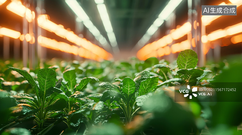 【AI数字艺术】温室内种植的绿色蔬菜与人工照明系统图片素材