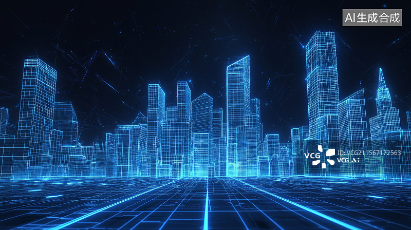 【AI数字艺术】数字虚拟空间中的蓝色科幻城市图片素材