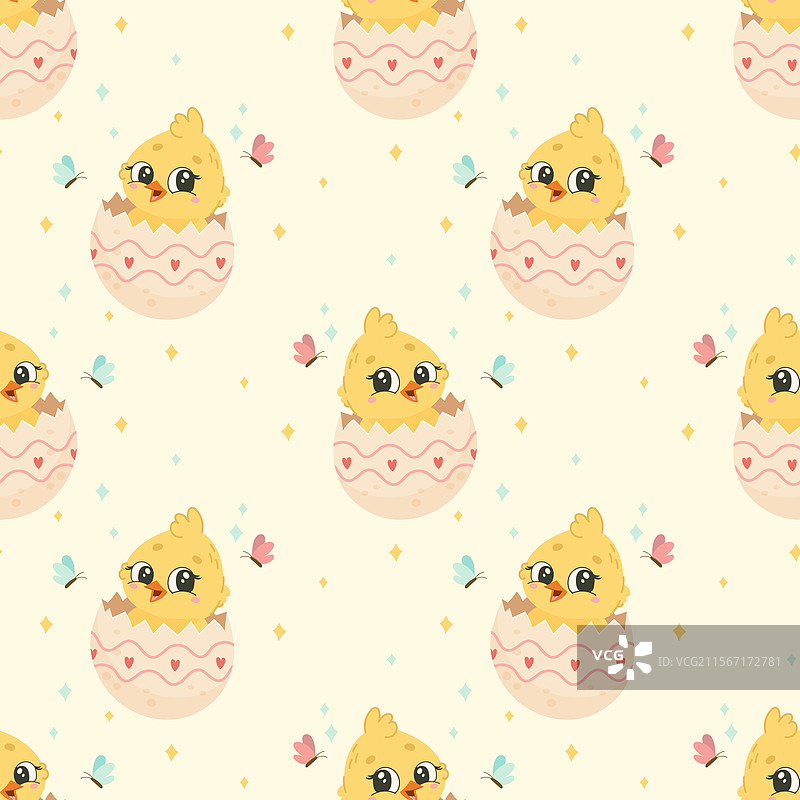 无缝复活节图案，带有孵化的小鸡和图片素材