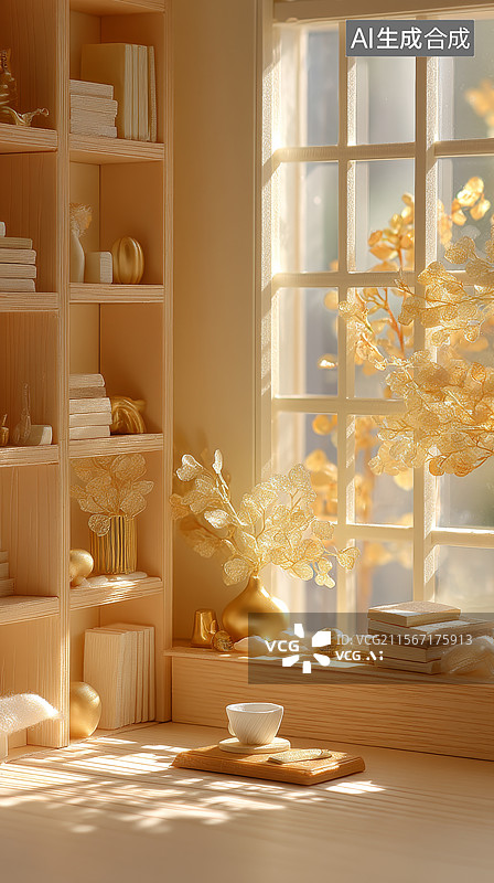 【AI数字艺术】秋日的窗边书桌与植物图片素材
