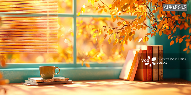 【AI数字艺术】秋日的窗边书桌与植物图片素材