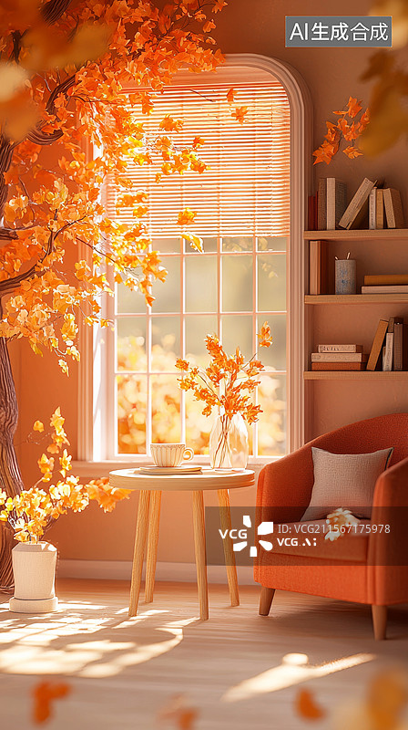 【AI数字艺术】秋日的窗边书桌与植物图片素材