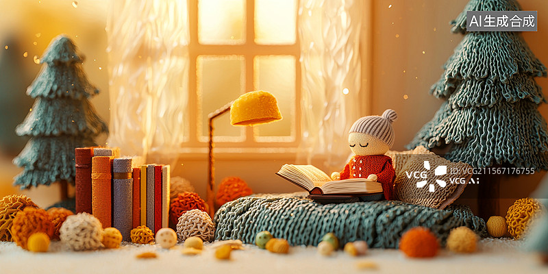 【AI数字艺术】温暖房间室内阅读场景图片素材