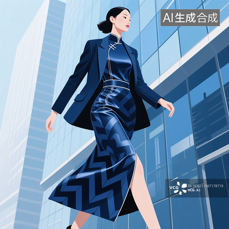 【AI数字艺术】矢量插画版改良马面裙设计，深蓝缎面材质配几何抽象纹样，搭配廓形西装外套，人物在玻璃幕墙写字楼前行走图片素材