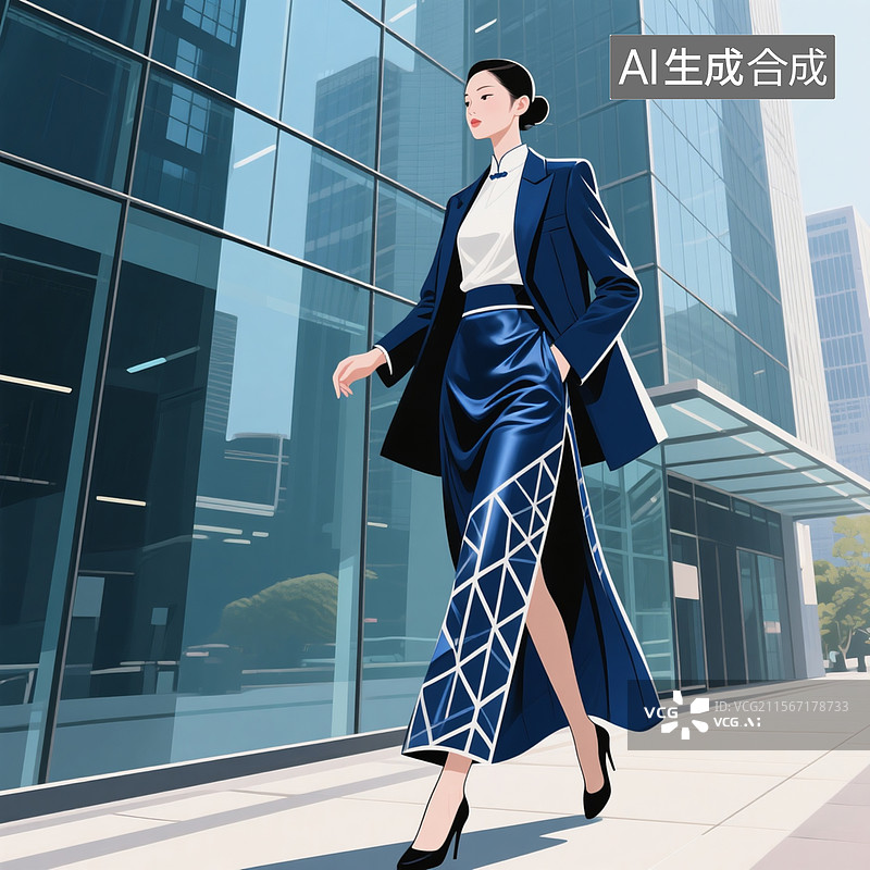 【AI数字艺术】矢量插画版改良马面裙设计，深蓝缎面材质配几何抽象纹样，搭配廓形西装外套，人物在玻璃幕墙写字楼前行走图片素材