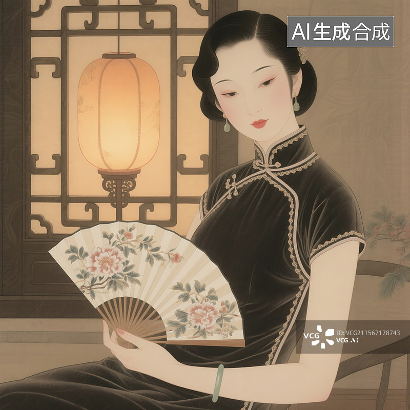 【AI数字艺术】复古工笔风格人物插画，绒面绲边旗袍配十二骨缂丝折扇，花窗透出灯笼暖光在鹅蛋脸上图片素材